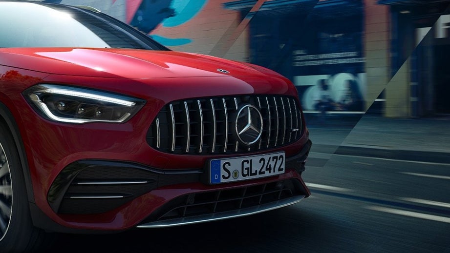 Front grille and headlight view of a Mercedes-Benz AMG GLA 35