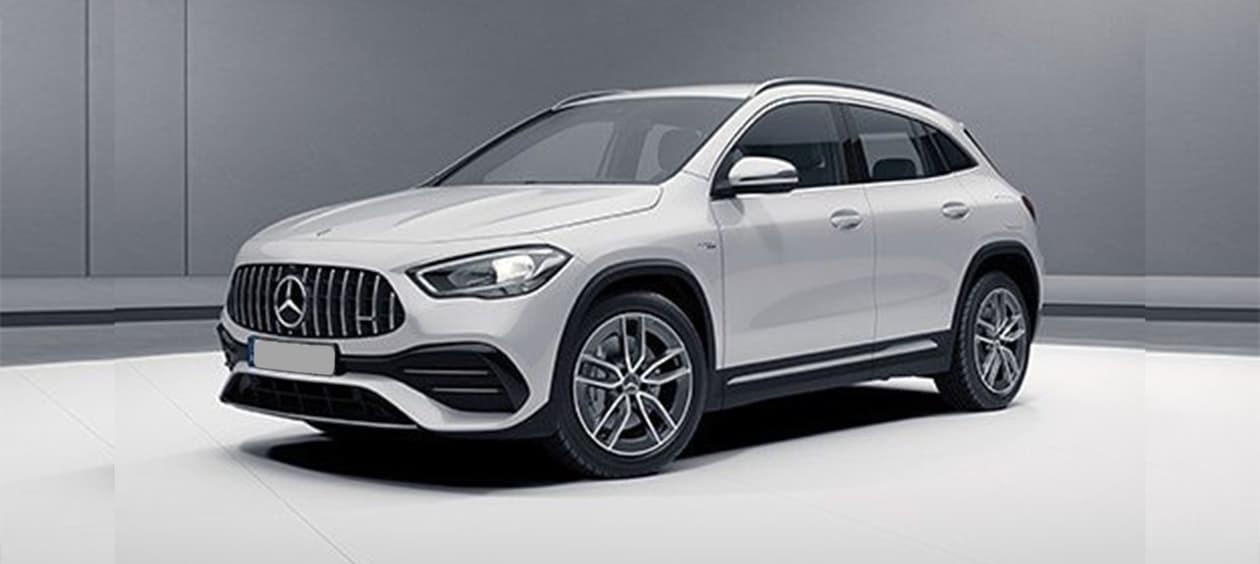 Front three-quarter view of a Polar White Mercedes-Benz AMG GLA 35