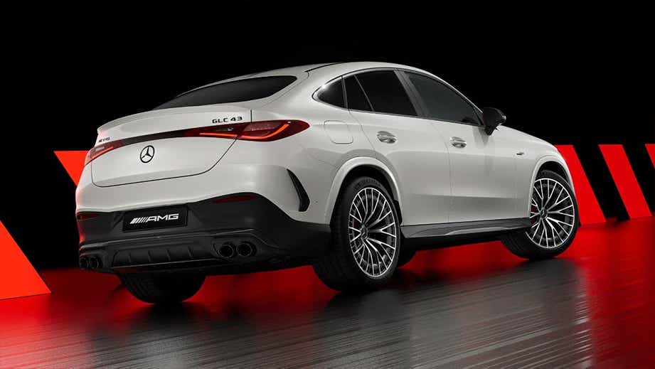 Rear three-quarter of a Polar White Mercedes-Benz AMG GLC 43