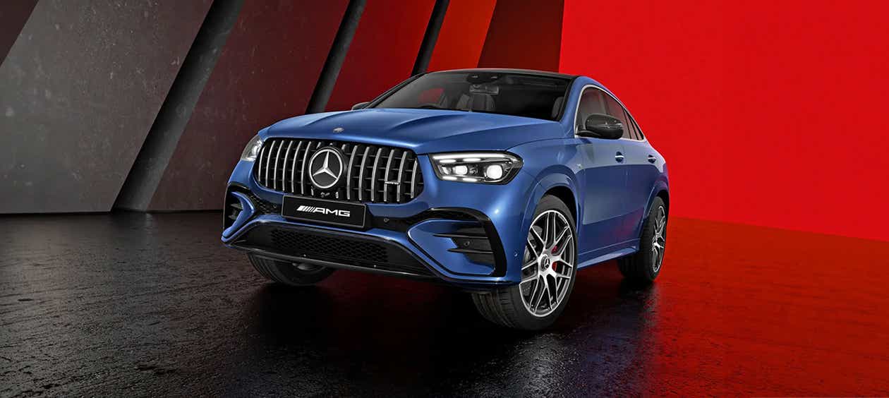 Front three-quarter view of a Sodalite Blue Mercedes-Benz AMG GLE 53 Coupe