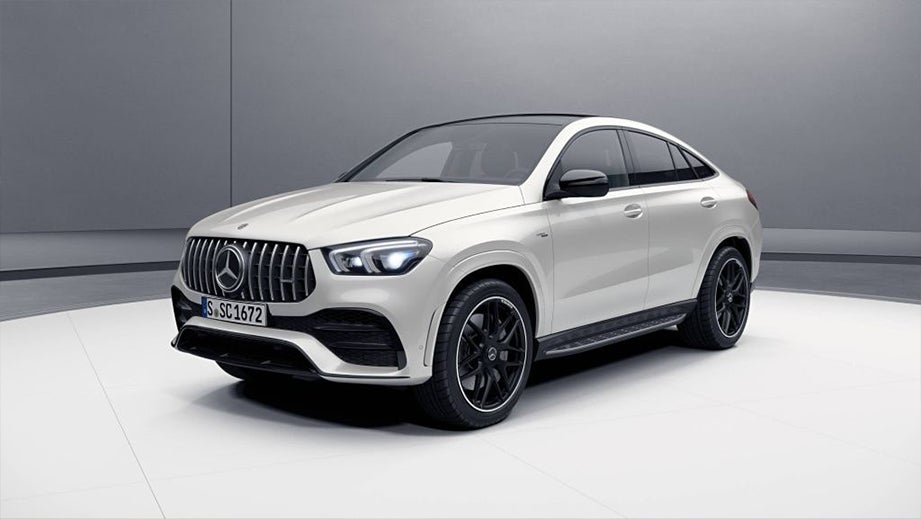 Front three-quarter view of a Polar White Mercedes-Benz AMG GLE 53