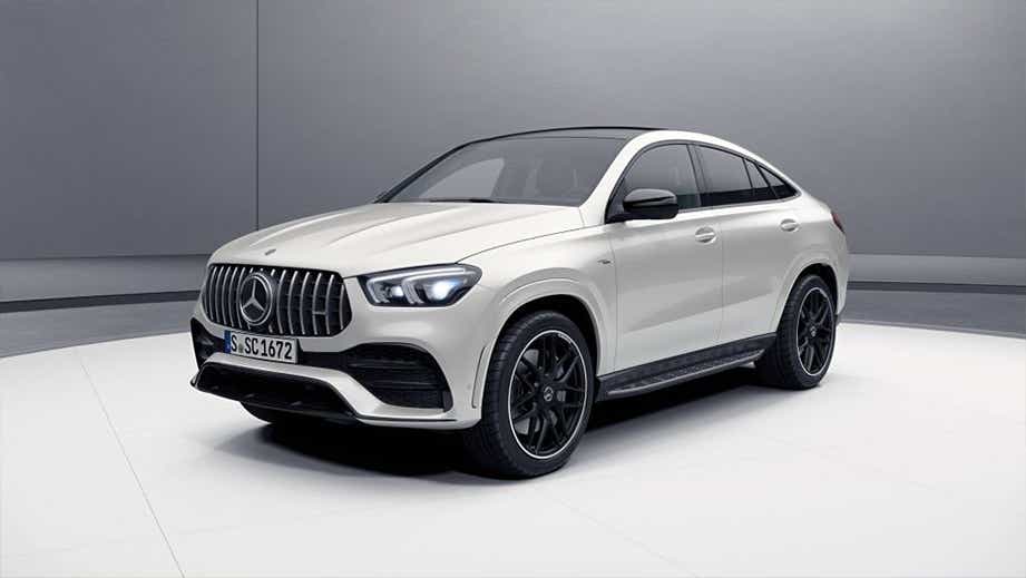 Front three-quarter view of a Polar White Mercedes-Benz AMG GLE 53