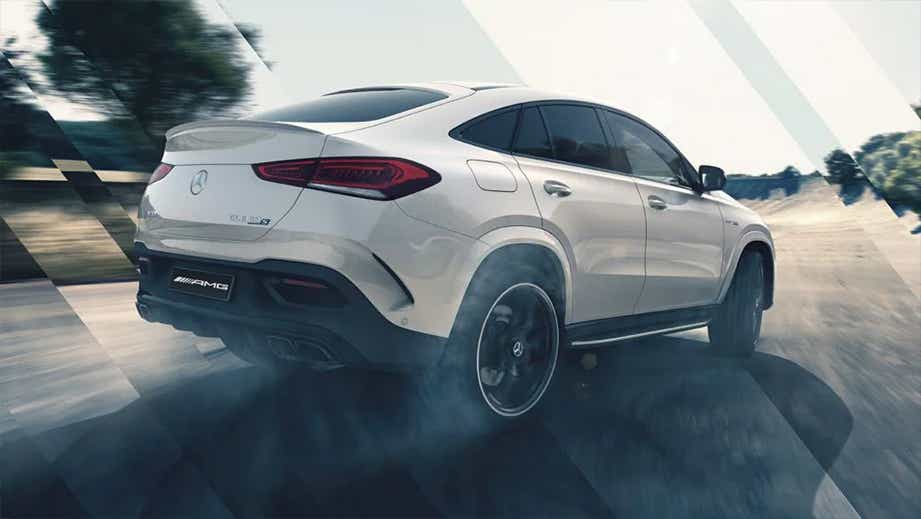 Rear three-quarter view of a Polar White Mercedes-Benz AMG GLE 63 S