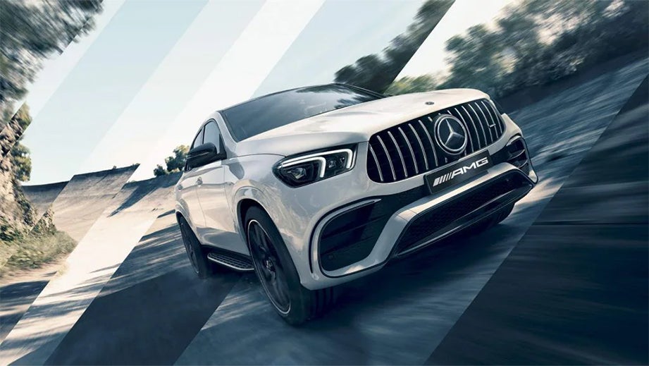 Front three-quarter view of a Polar White Mercedes-Benz AMG GLE 63 S