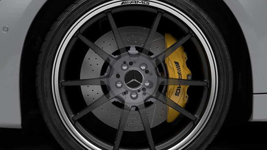 Close-up of wheel and brake of a Mercedes-Benz AMG GT 4 Door Coupe