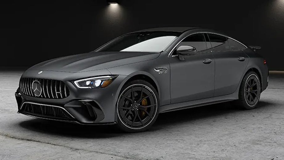 Front three-quarter view of a Mercedes-Benz AMG GT 4 Door Coupe