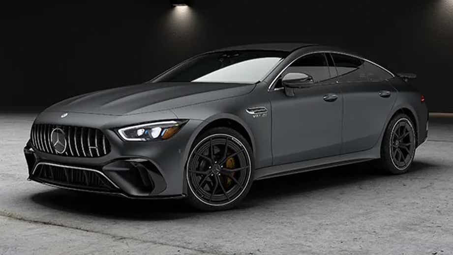 Front three-quarter view of a Mercedes-Benz AMG GT 4 Door Coupe