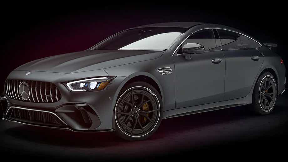 front three-quarter view of a Mercedes-Benz AMG GT 4 Door Coupe