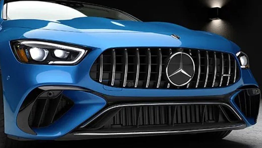 Front grille view of a Starling Blue Metallic Mercedes-Benz AMG GT 4 Door Coupe