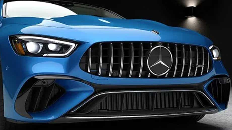 Front grille view of a Starling Blue Metallic Mercedes-Benz AMG GT 4 Door Coupe