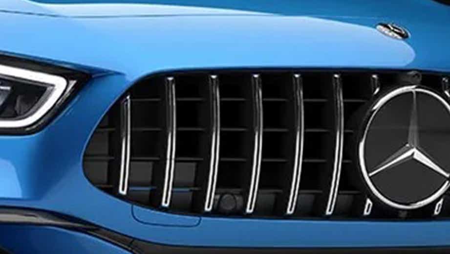Front grille close-up of a Starling Blue Metallic Mercedes-Benz AMG GT 4 Door Coupe
