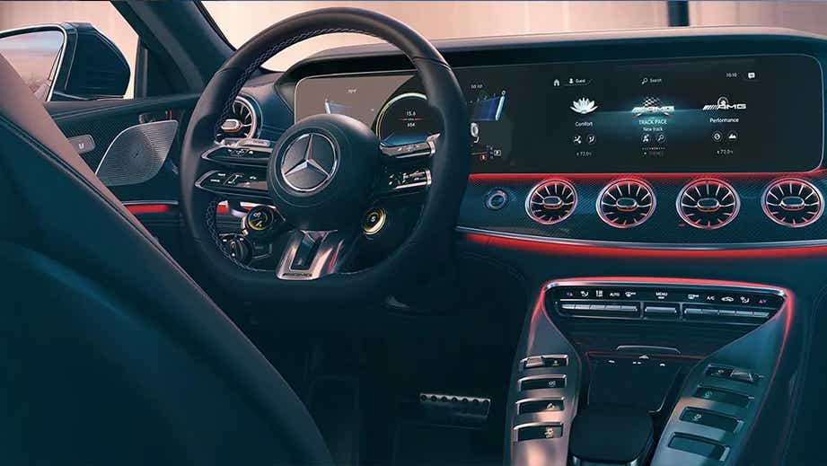Interior dashboard view of a Mercedes-Benz AMG GT 4 Door Coupe