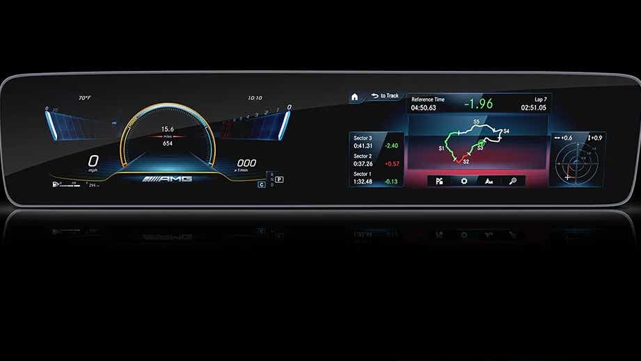 digital instrument cluster and performance display of a Mercedes-Benz AMG GT 4 Door Coupe
