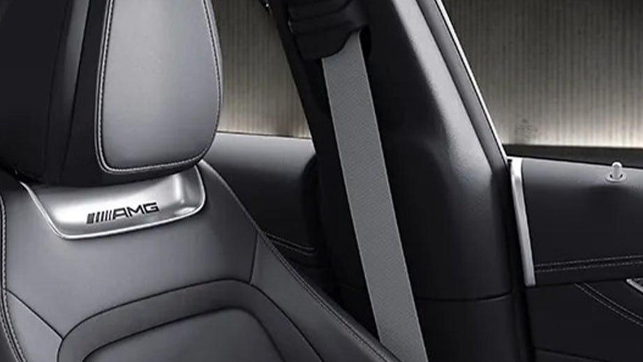 Close-up of front seat and seatbelt in a Mercedes-Benz AMG GT 4 Door Coupe