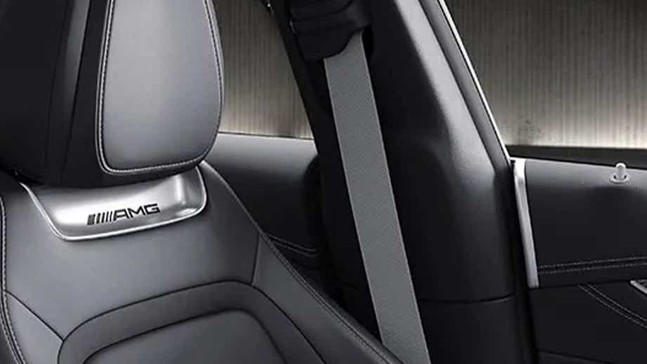 Close-up of front seat and seatbelt in a Mercedes-Benz AMG GT 4 Door Coupe
