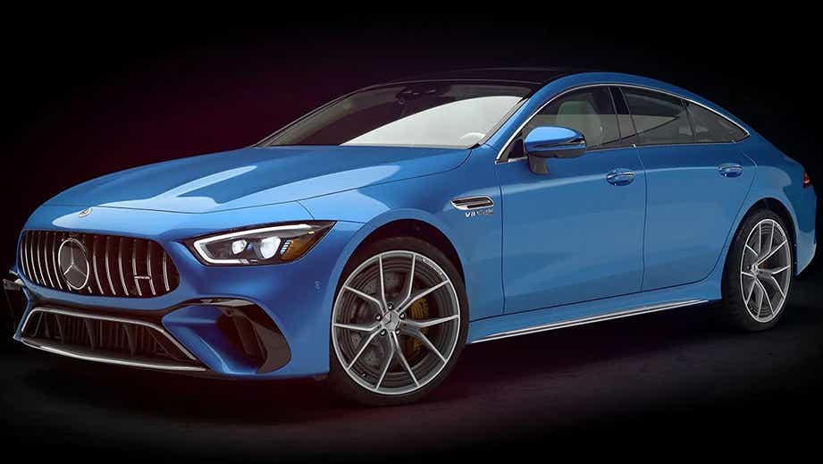 front three-quarter view of a Starling Blue Metallic Mercedes-Benz AMG GT 4 Door Coupe