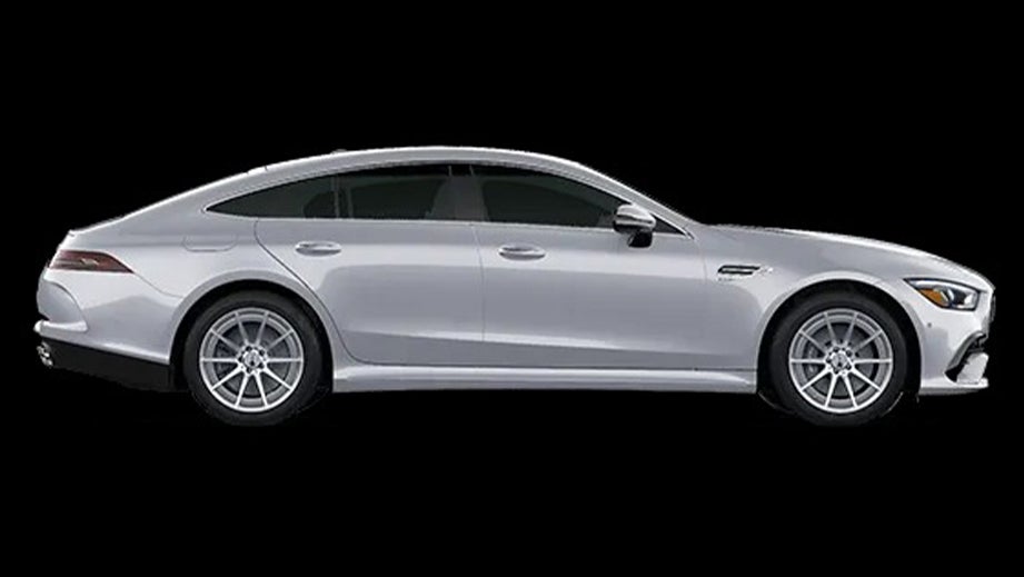 side view of a Cirrus Silver Metallic Mercedes-Benz AMG GT 4 Door Coupe