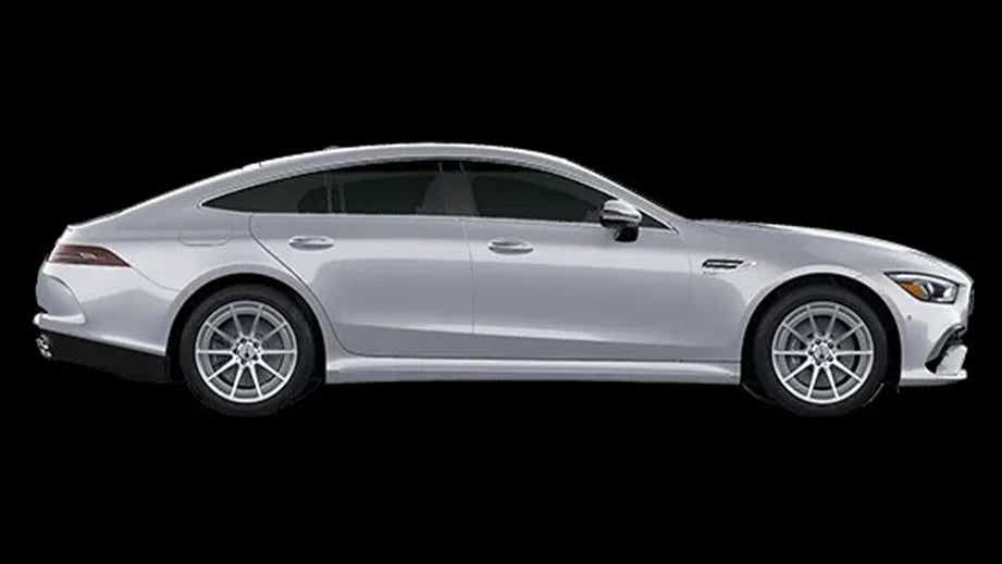 side view of a Cirrus Silver Metallic Mercedes-Benz AMG GT 4 Door Coupe