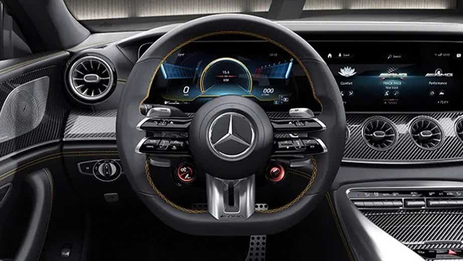 Interior dashboard and steering wheel of a Mercedes-Benz AMG GT 4 Door Coupe