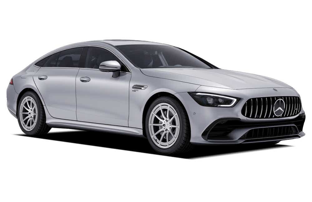front three-quarter of a Cirrus Silver Metallic Mercedes-Benz AMG GT 4 Door Coupe