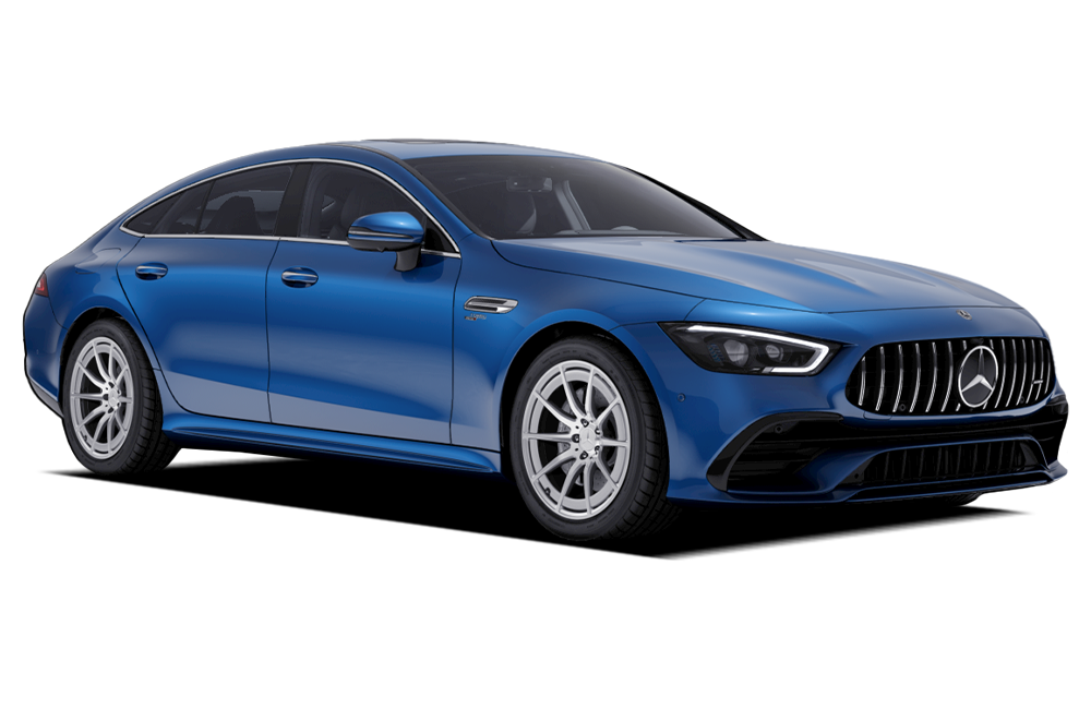 front three-quarter view of a Starling Blue Metallic Mercedes-Benz AMG GT 4 Door Coupe