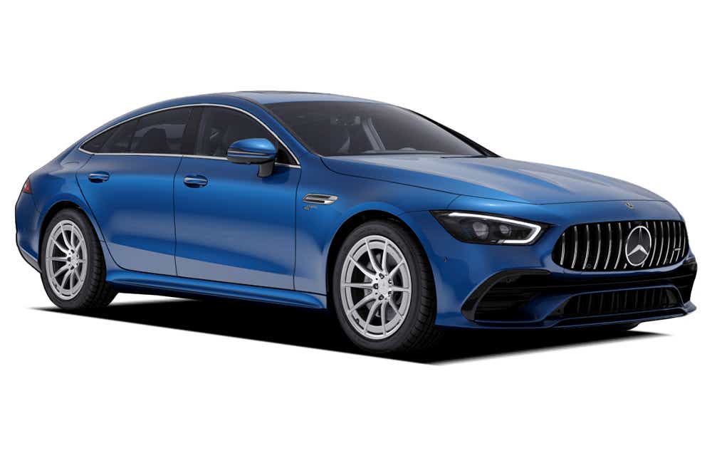 front three-quarter view of a Starling Blue Metallic Mercedes-Benz AMG GT 4 Door Coupe