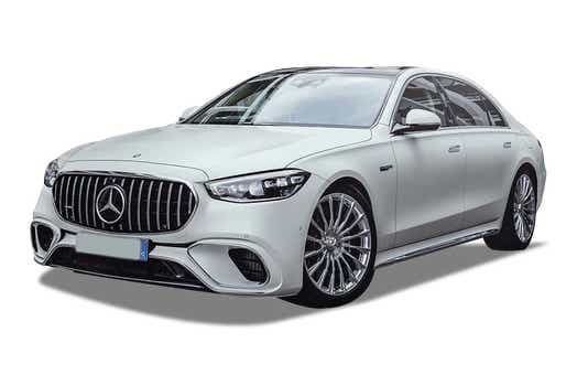 front three-quarter view of a Polar White Mercedes-Benz AMG S 63