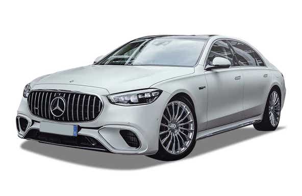 front three-quarter view of a Polar White Mercedes-Benz AMG S 63