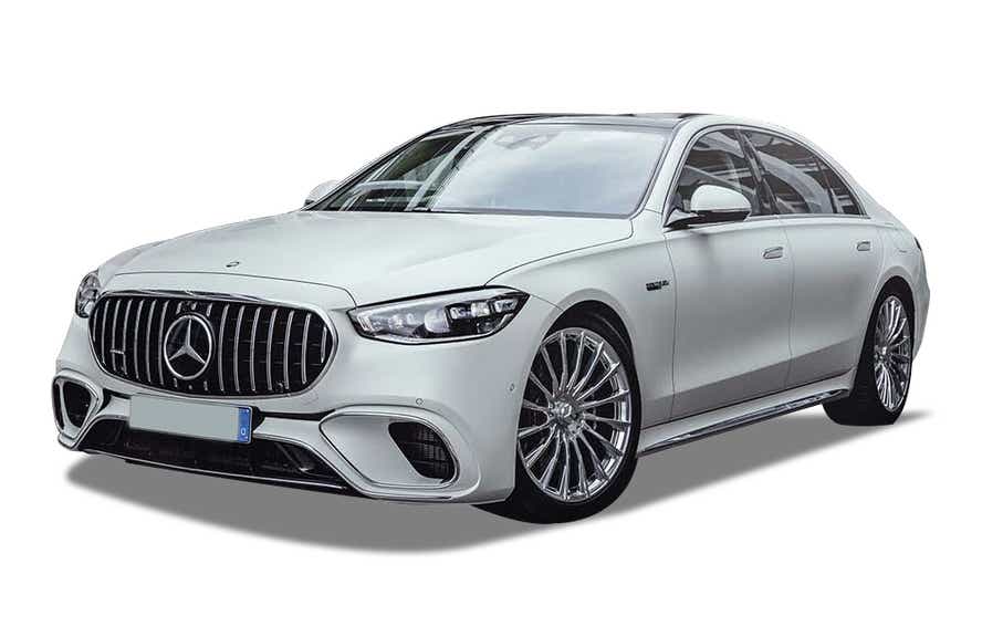 front three-quarter view of a Polar White Mercedes-Benz AMG S 63