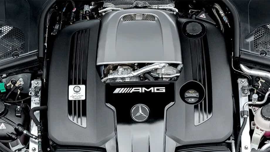 Engine bay of a Polar White Mercedes-Benz AMG S 63