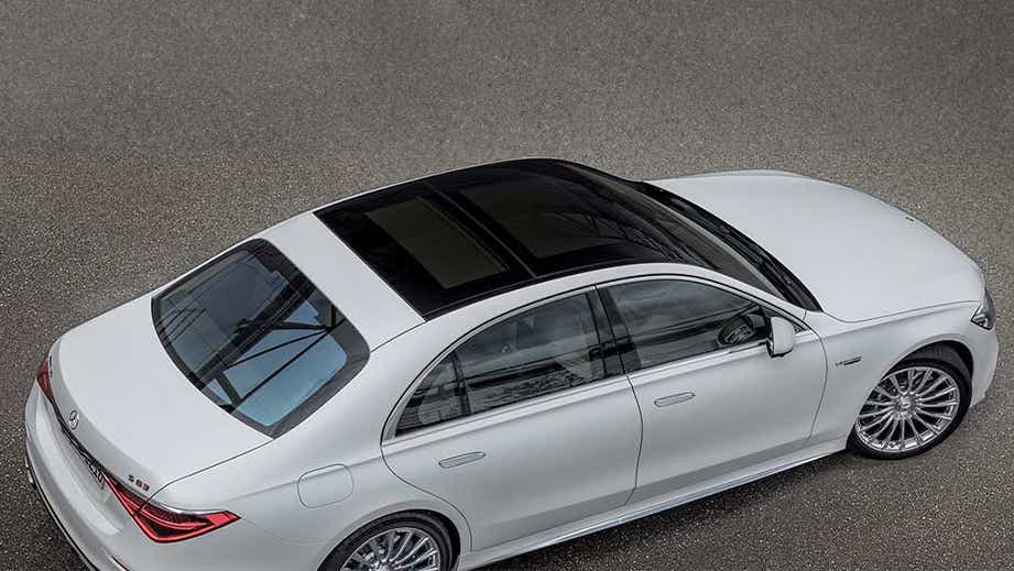 high-angle view of a Polar White Mercedes-Benz AMG S 63