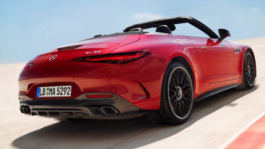 Rear three-quarter of a Patagonia Red Bright Mercedes-Benz AMG SL