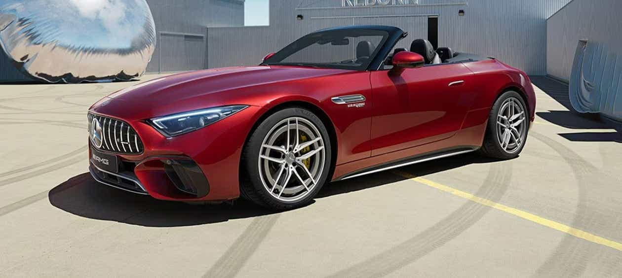 front three-quarter view of a Patagonia Red Bright Mercedes-Benz AMG SL convertible