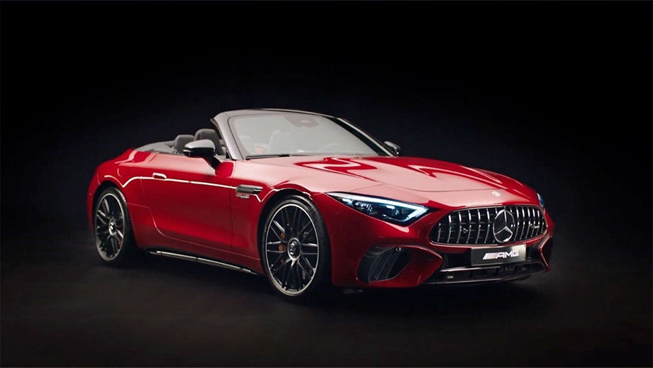 front three-quarter view of a Patagonia Red Bright Mercedes-Benz AMG SL