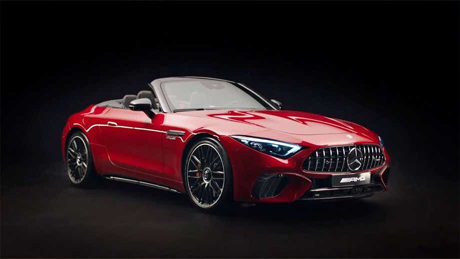 front three-quarter view of a Patagonia Red Bright Mercedes-Benz AMG SL