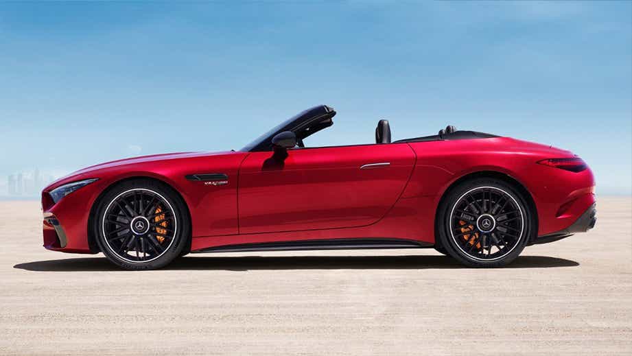 side view of a Patagonia Red Bright Mercedes-Benz AMG SL convertible