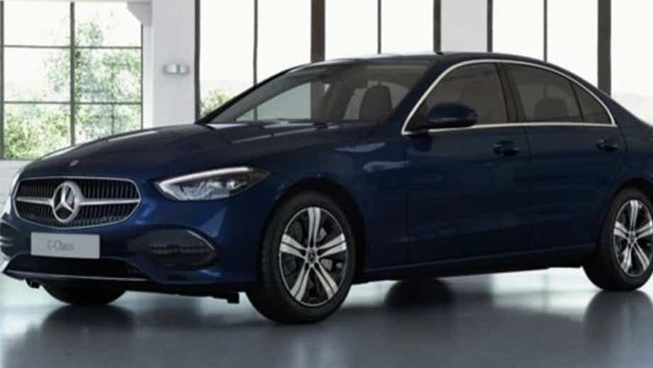 front three-quarter view of a Cavansit Blue Mercedes-Benz C-Class