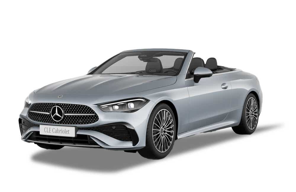 Front three-quarter view of a High-Tech Silver Mercedes-Benz CLE Cabriolet