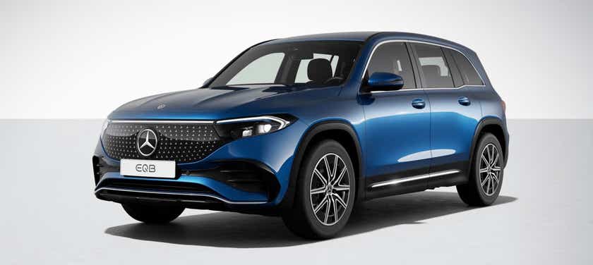 front three-quarter view of a Spectral Blue Mercedes-Benz EQB