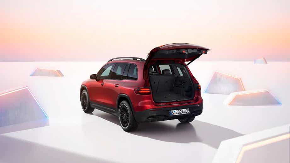 rear three-quarter view with open trunk of a Mercedes-Benz EQB