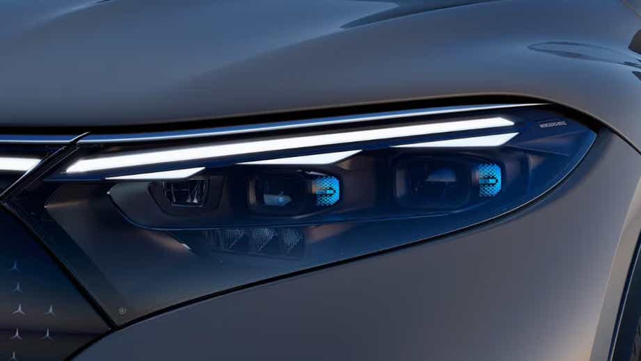 headlight close-up of a Mercedes-Benz EQS SUV
