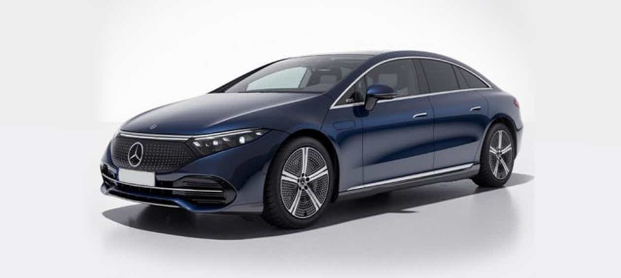 front three-quarter view of a Sodalite Blue Mercedes-Benz EQS