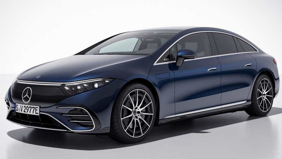 front three-quarter view of a Sodalite Blue Mercedes-Benz EQS