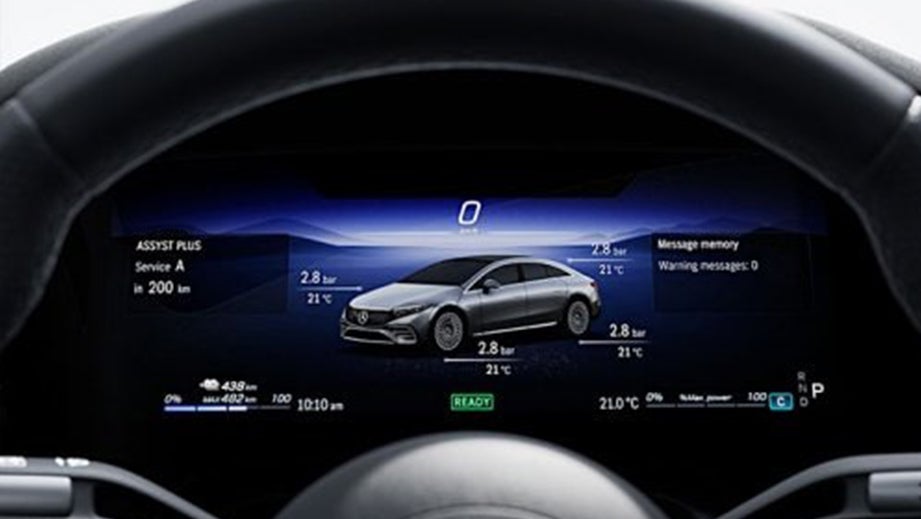 Digital dashboard view of a Mercedes-Benz EQS