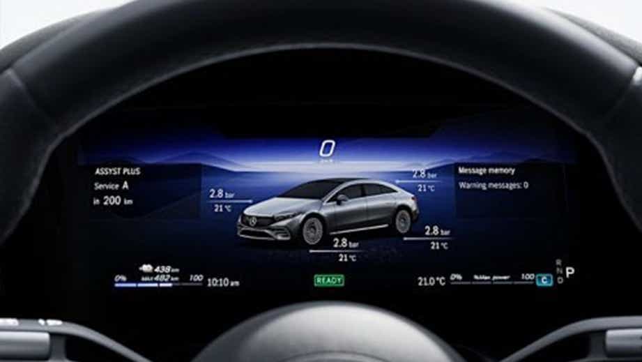 Digital dashboard view of a Mercedes-Benz EQS