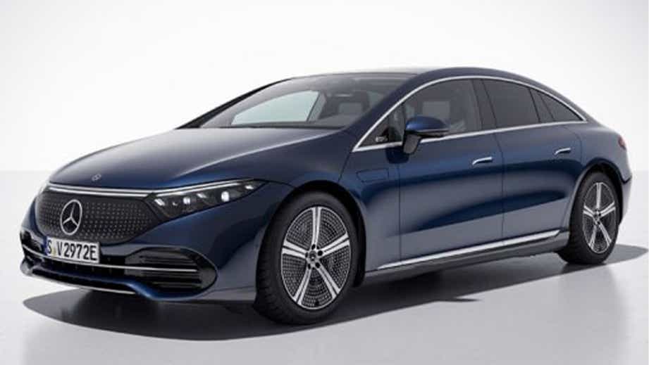 Front three-quarter of a Sodalite Blue Mercedes-Benz EQS