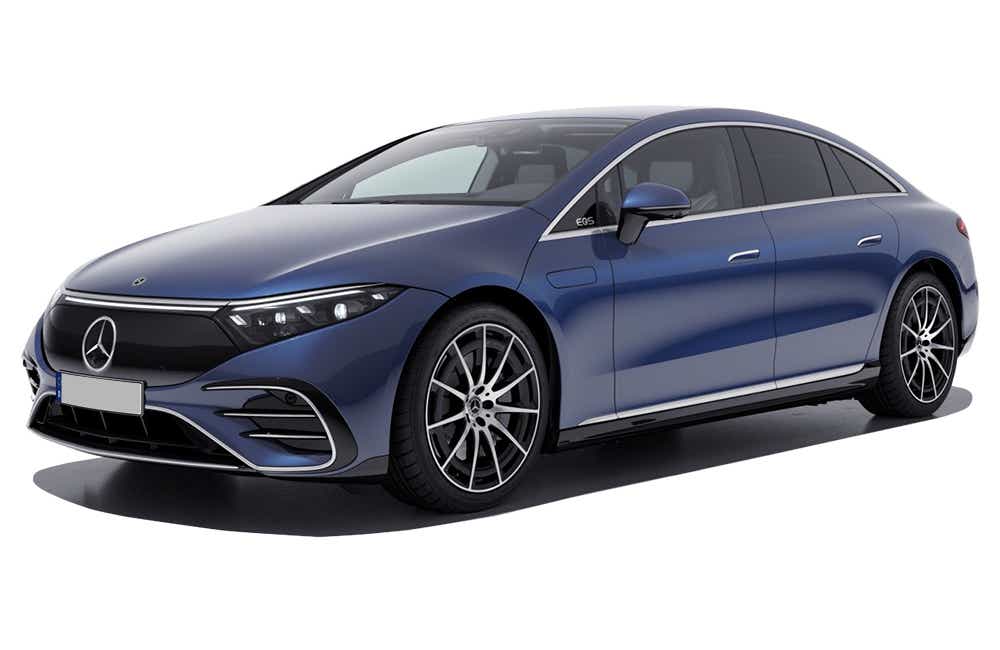 front three-quarter of a Sodalite Blue Mercedes-Benz EQS