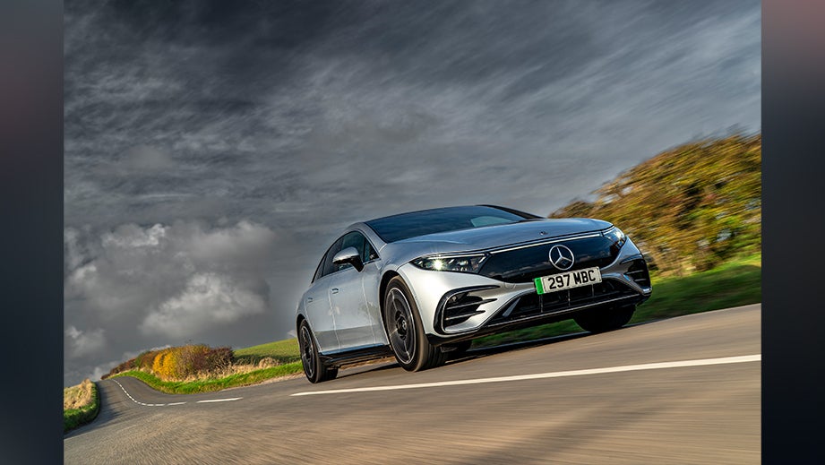 front three-quarter view of a Mercedes-Benz EQS