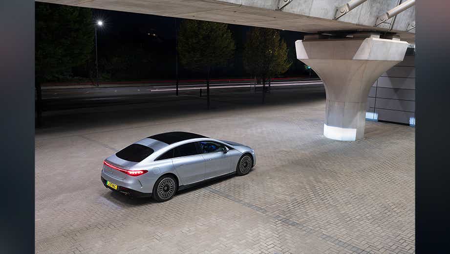 rear three-quarter of a Mercedes-Benz EQS