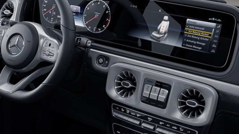 Interior dashboard view of a Mercedes-Benz G-Class
